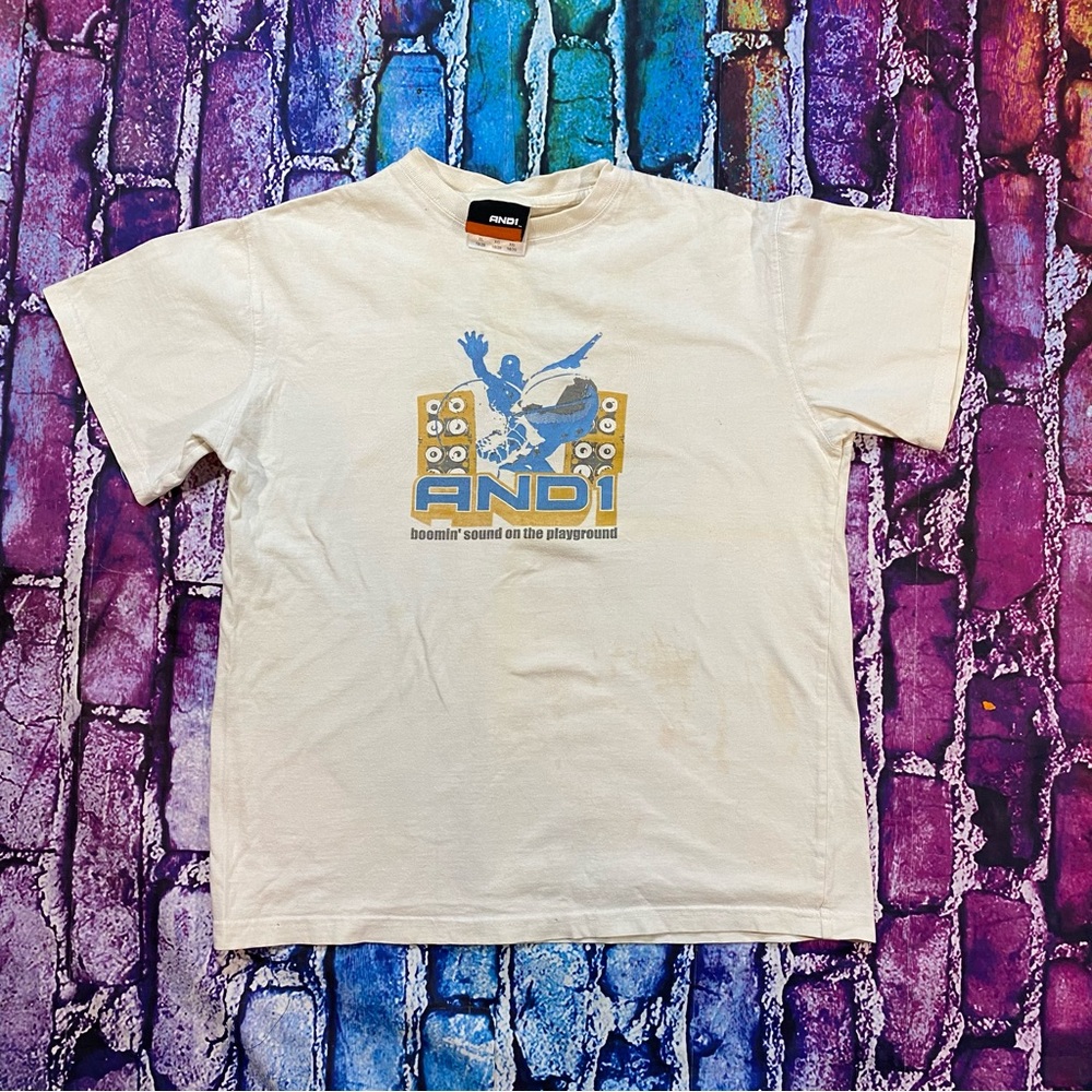 Vintage AND1 tee “Boomin’ sound on the playground” size Small w/stains
